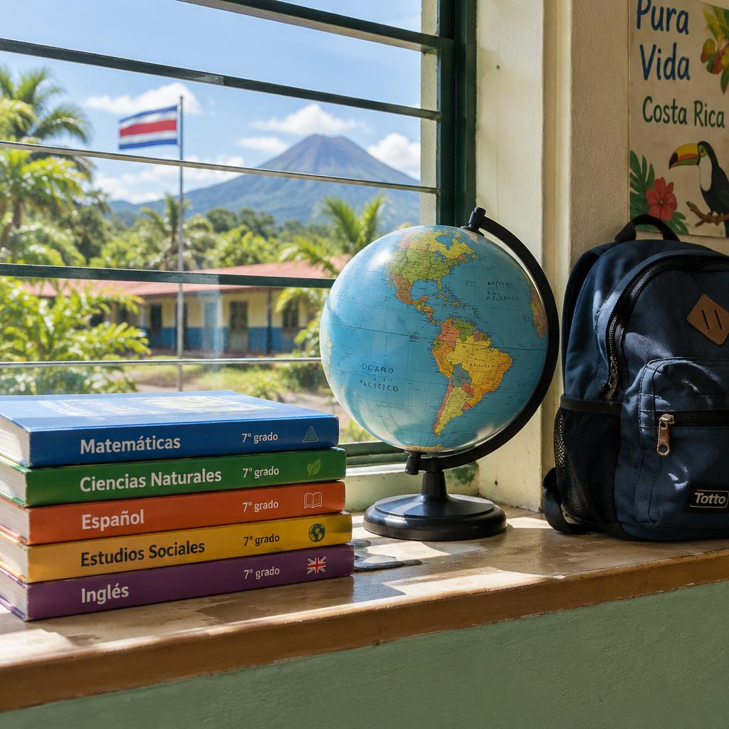 Libros escolares, globo terráqueo y mochila