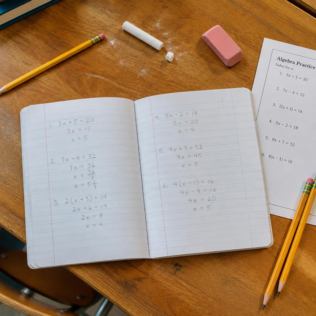 Cuaderno con ejercicios y lápices